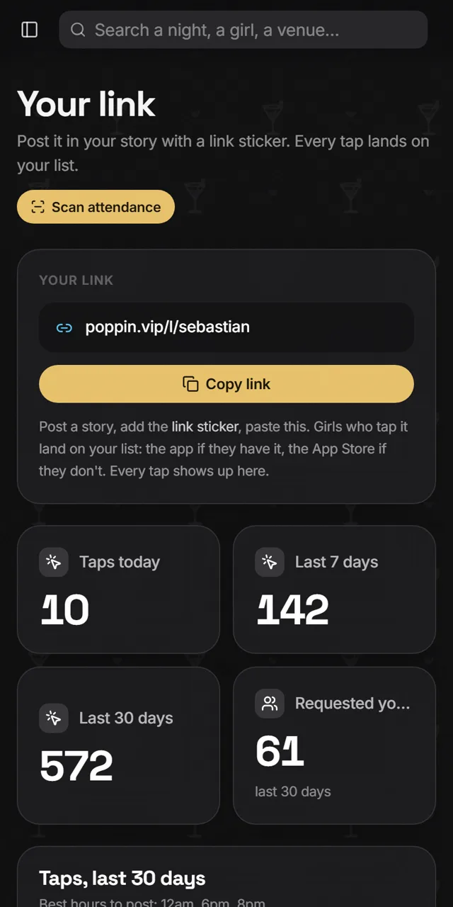 Your numbers: taps, requests, confirmed, showed up